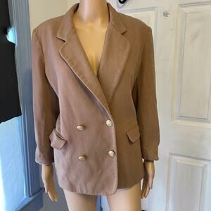 Vintage 80s Women M/L Wool Double Breasted Tan Blazer Jacket GoldButton Office